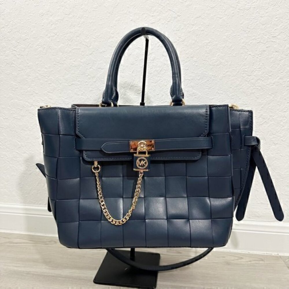 Rare Michael Kors Hamilton Legacy Large‎ Woven Leather Belted Satchel Bag Blue
